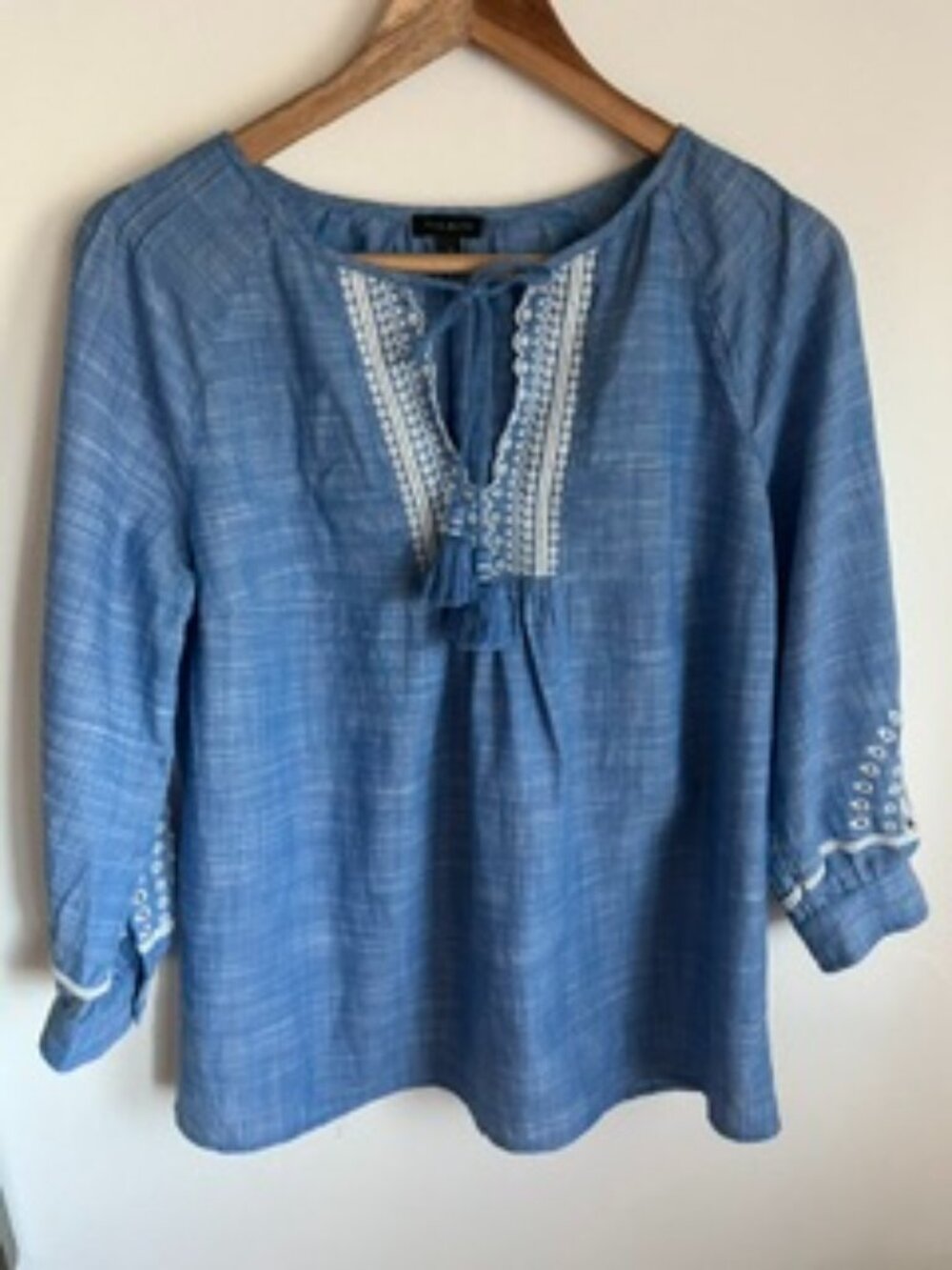 Talbots Cotton Embroidered Tassel Tie Top Women's S